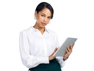 PNG Studio shot of a young businesswoman using a digital tablet and looking thoughtful against a...