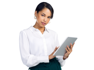 PNG Studio shot of a young businesswoman using a digital tablet and looking thoughtful against a grey background