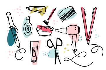 Set of haird tools. Hair dryer, hair straightener, curling iron, hair dye, scissors, comb, care product. Line vector illustrations.