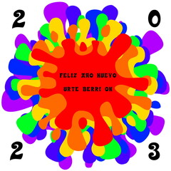 Carte de Voeux carrée pour la nouvelle année 2023 avec des taches de peinture multicolores originales : bonne année en espagnol et en basque sur fond sobre blanc