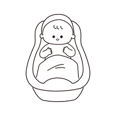 正面から見た沐浴している赤ちゃんの白黒線画

