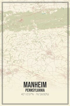 Retro US city map of Manheim, Pennsylvania. Vintage street map.