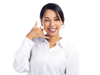 PNG Studio shot of a confident young businesswoman making a call me gesture against a grey background