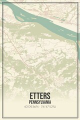 Retro US city map of Etters, Pennsylvania. Vintage street map.