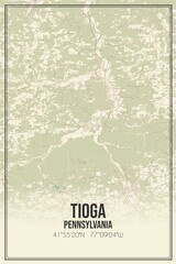 Retro US city map of Tioga, Pennsylvania. Vintage street map.
