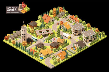 Vector isometric world map creation set. Combinable map elements. Small town map. Buildings, trees, water tower and office building - 550813514