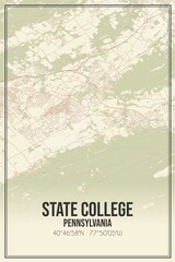 Retro US city map of State College, Pennsylvania. Vintage street map.