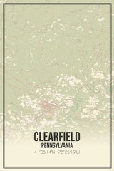 Retro US city map of Clearfield, Pennsylvania. Vintage street map.