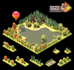 Vector isometric world map creation set. Combinable map elements. Lake resort. A-frame houses, on the shore of the lake, pine forest, gazebos and balloon, vacationers - 550813589