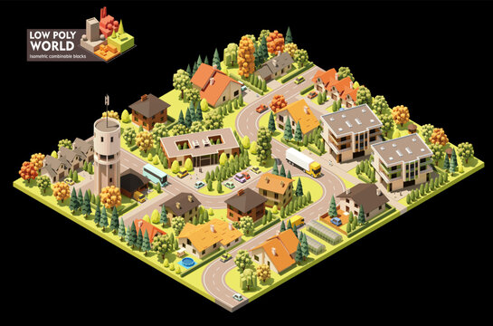 Vector isometric world map creation set. Combinable map elements. Small town map. Buildings, trees, water tower and office building