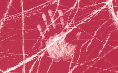Abstract background magenta viva texture of ice with cracks handprint, aerial top view of Lake