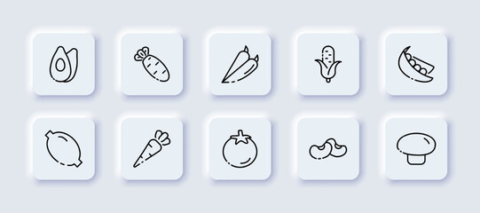 Vegetables set icon. Avocado, carrot, chili pepper, corn, pea, lemon, radish, bean, tomato, mushroom, plant, vegetarian, green, fresh. Cooking concept. Neomorphism style. Vector line icon for Business
