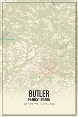 Retro US city map of Butler, Pennsylvania. Vintage street map.