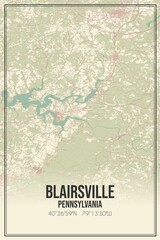 Retro US city map of Blairsville, Pennsylvania. Vintage street map.