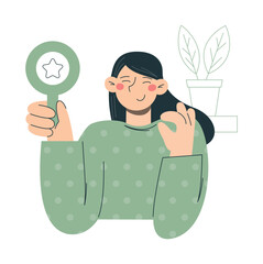 Girl in sweater showing a sign with a star. Vector flat minimalist illustration