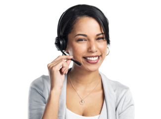 PNG Studio shot of a confident young businesswoman using a headset against a grey background