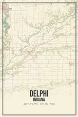 Retro US city map of Delphi, Indiana. Vintage street map.
