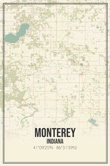 Retro US city map of Monterey, Indiana. Vintage street map.