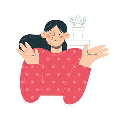 Confused girl in sweater shows that something wrong. Vector flat minimalist illustration