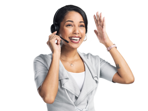 PNG Studio shot of a confident young businesswoman using a headset against a grey background