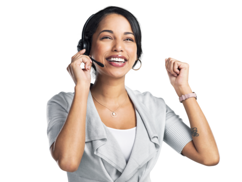 PNG Studio shot of a confident young businesswoman using a headset and cheering against a grey background