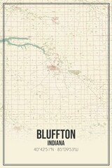 Retro US city map of Bluffton, Indiana. Vintage street map.
