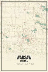 Retro US city map of Warsaw, Indiana. Vintage street map.
