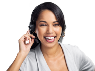 PNG Studio shot of a confident young businesswoman using a headset against a grey background