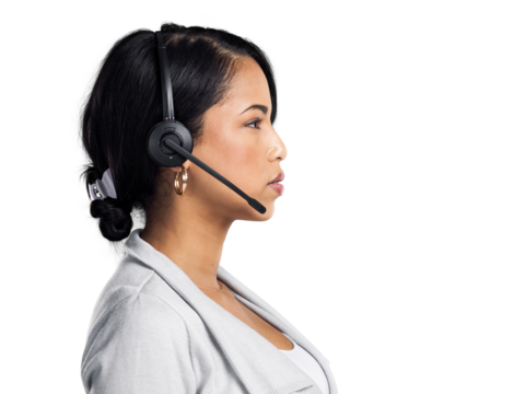 PNG Studio shot of a confident young businesswoman using a headset against a grey background
