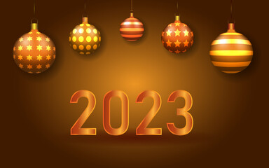 Happy new 2023 year and merry christmas, tree toy ball. Background decoration gold	
