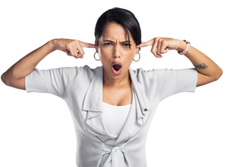 PNG Studio shot of a young businesswoman covering her ears and looking irritated against a grey background
