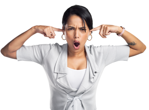 PNG Studio shot of a young businesswoman covering her ears and looking irritated against a grey background