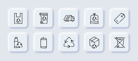 Recycling set icon. Biodegradable bag, plastic, trash can, waste sorting, garbage truck, battery, bottle, tin can, arrows, cardboard box, do not throw away. Ecology concept. Neomorphism style