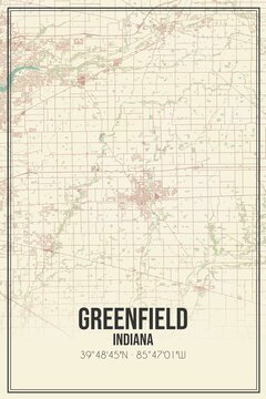 Retro US City Map Of Greenfield, Indiana. Vintage Street Map.