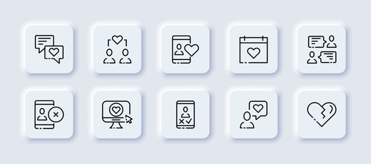 Dating app set icon. Heart, love, feelings, texting, couple, date, phone, message, website, cross, computer, approve, reject, tick, broken. Relationships concept. Neomorphism style. Vector line icon
