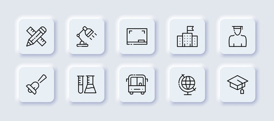 Education set icon. Ruler, pencil, table lamp, online conference, school, student, bell, chemistry, science, bus, globe, academic cap. Knowledge concept. Neomorphism. Vector line icon for Business