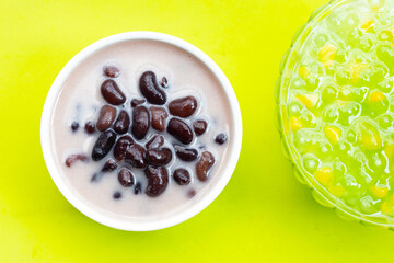 Red bean in syrup with coconut milk. Corn with tapioca pearls in coconut milk. Thai dessert