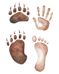 Watercolor illustration. Hand painted brown handprint and footprint of people: man, woman, child. Bear paw, footprint with claws. World Animal Day. Isolated clip art of human and animal friendship