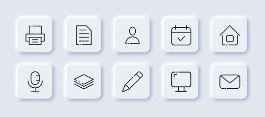 Working routine set icon. Printer, fax, print, document, employee, calendar, appointment, remote work, home, microphone, file manager, pencil, computer, email. Business concept. Neomorphism style