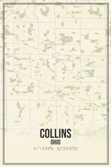 Retro US city map of Collins, Ohio. Vintage street map.