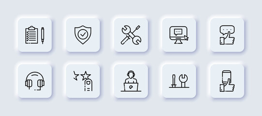 Feedback set icon. Clipboard, checklist, shield, tick, screwdriver, wrench, comment, message, like, positive feedback, headset, rating, rate, operator, fix. Communication concept. Neomorphism style
