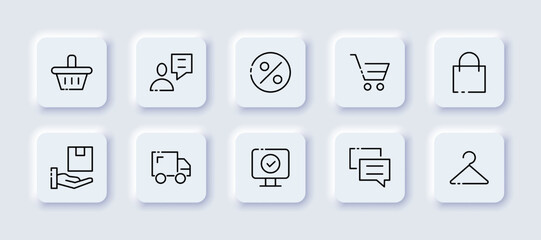 Shopping set icon. Shopping cart, consultant, customer, percentage, discount, package, purchase, wallet, truck, delivery service, computer, online store, hanger. Sale concept. Neomorphism style