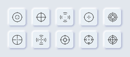 Aims set icon. Business target, targeting, targetologist, shoot, plan, planning, aim, achieve goals, top, aspirations, strategy, audience. Business concept. Neomorphism style. Vector line icon
