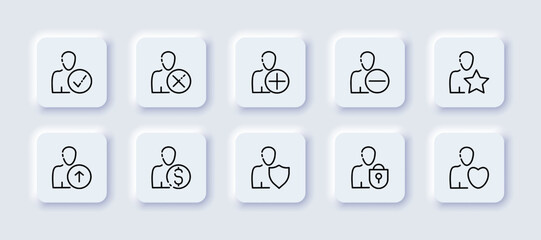 People with website buttons set icon. Check mark, cross, plus, minus, star, up arrow, dollar, shield lock, heart, approve, delete remove, actions, customer base. Business concept. Neomorphism
