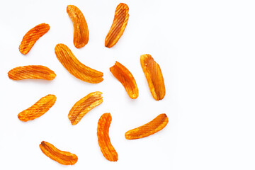 Spicy snack, Banana slice chips paprika flavor on white background.