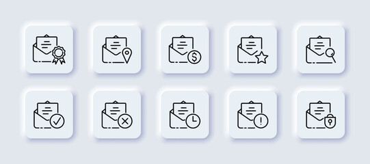 Emails with website buttons set icon. Medal, award, send location, dollar, star, magnifier, check mark, cross, download, exclamation point, lock. Business concept. Neomorphism style. Vector line icon