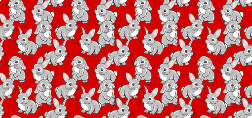Fashion pattern digital bright floral ornament with animals cute rabbits and beautiful Easter bunnies, wallpaper pattern emitting, brush strokes, painting, feminine and delicate design on red.