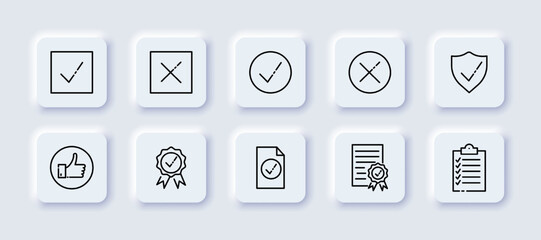 Ticks and crosses set icon. Approval, rejection, approve, reject, shield, safety, like button, recommend, award, medal, document, check list. Business concept. Neomorphism style. Vector line icon