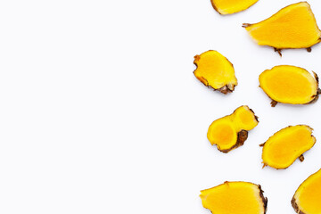 Phlai slices, Cassumumr ginger or zingiber montanum on white background.