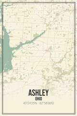 Retro US city map of Ashley, Ohio. Vintage street map.